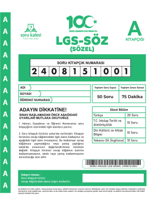 8.SINIF SORU KALESİ YAYINLARI 1.DENEME 2023-2024